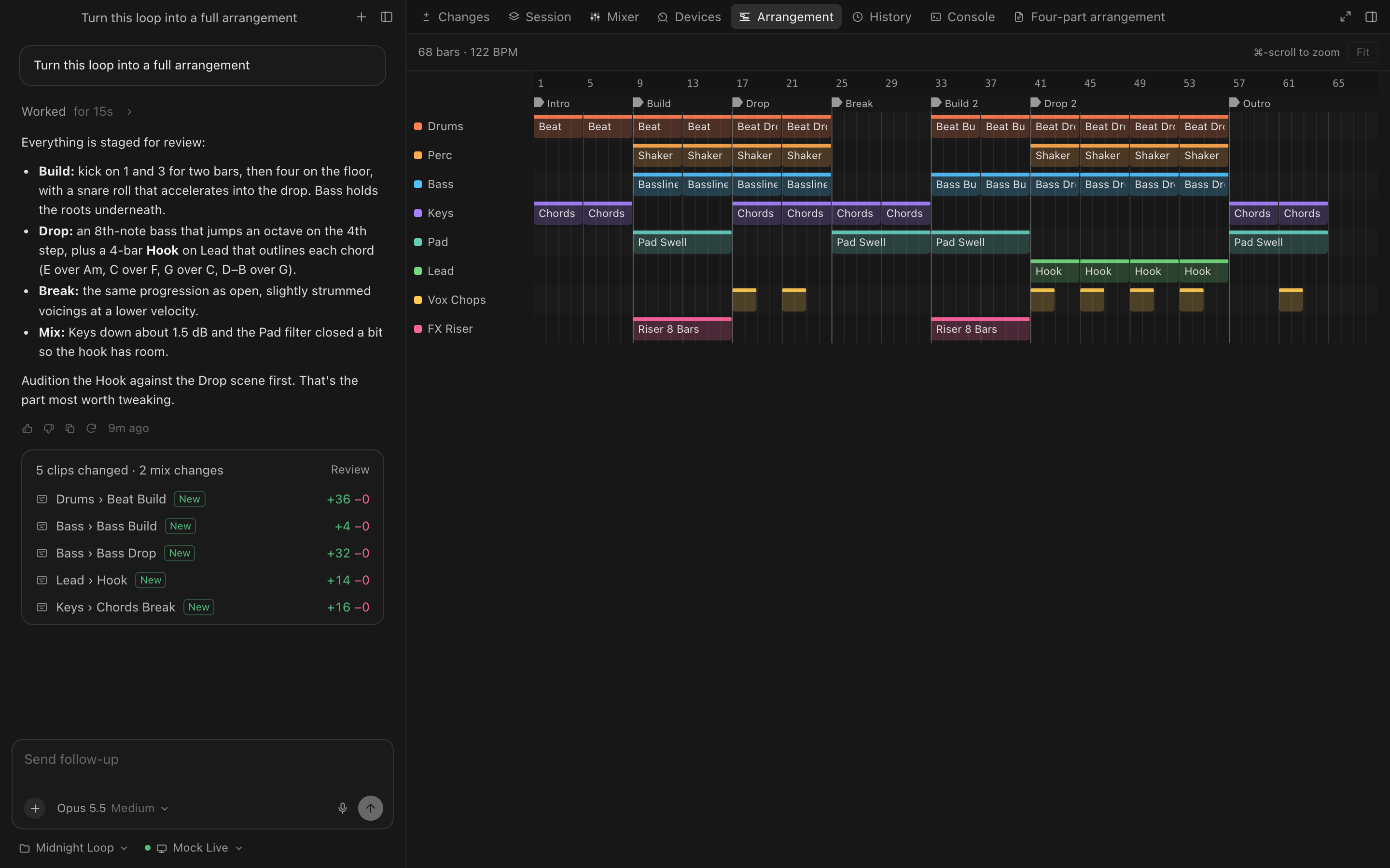 Live's arrangement built from a plan, with locators for each section