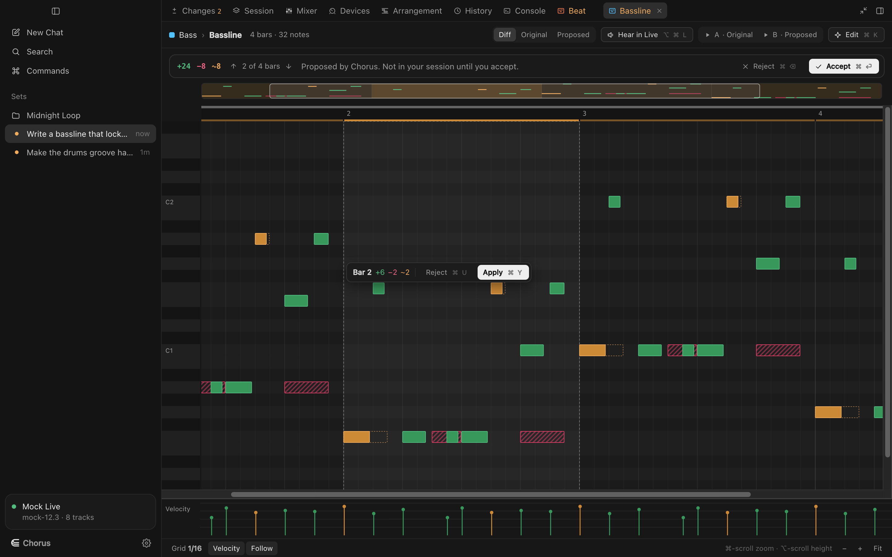 A bassline proposal under review: added notes green, removed red, moved amber, with the bar review widget